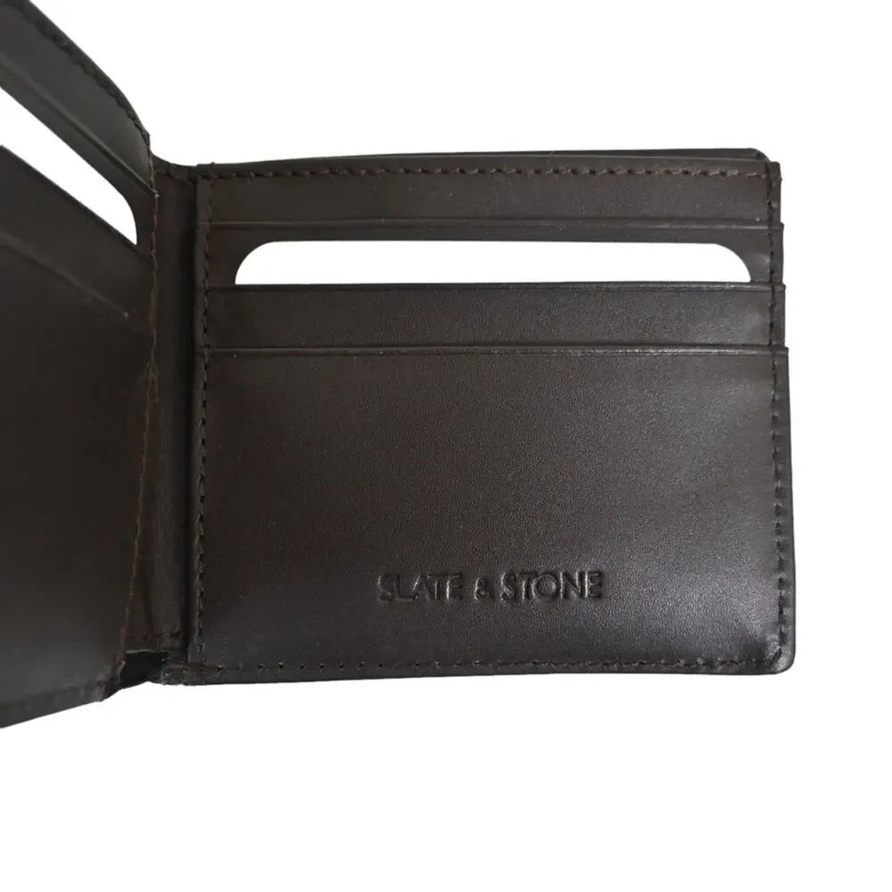 Slate & Stone Smooth Premium Leather Bifold Wallet Dark Brown NEW